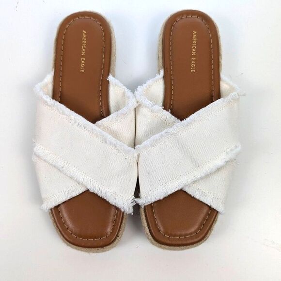 American Eagle | Cream Frayed Cross Strap Espadrille Slide Sandals - Picture 1 of 3